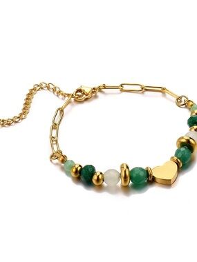 Gold plated Heart Beaded Bracelet with Green and White Gemstones